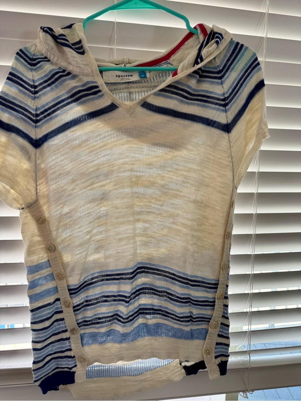 Anthropologie Striped Hooded Short-Sleeve Sweater in Cream, Navy, and Light Blue